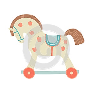 Cute toy horse with wheels. Kids First Toys. Baby shower design element. Cartoon vector hand drawn eps 10 illustration
