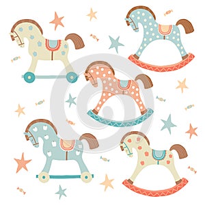 Cute toy rocking horse set. Kids First Toys. Baby shower design element. Cartoon vector hand drawn eps 10 illustration