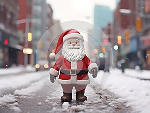 Cute toy Santa Claus. Standing in the snow in the city. Blurred background