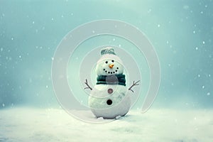A cute toy Snowman in hat and scarf. Merry Christmas and Happy New Year Greeting Card AI Generated. Winter background