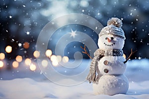 A cute toy Snowman in hat and scarf. Merry Christmas and Happy New Year Greeting Card AI Generated. Winter background