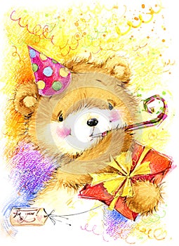 Cute toy teddy bear and Birthday card background.