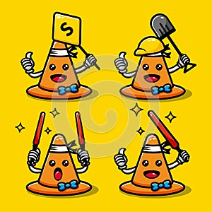 Cute traffic cone character design set themed constuction