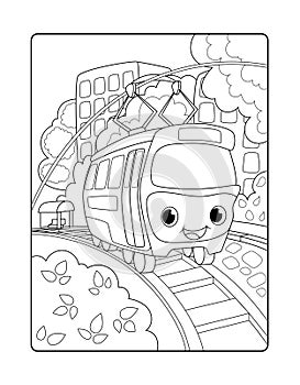 Cute tram in urban landscape. Urban landscape vertical vector coloring page for children. Smiling trolley wagon