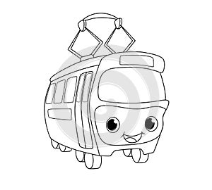 Cute tram vector illustration. Black line transport isolated on white background. Smiling trolley wagon icon