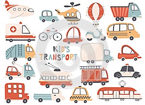Cute transport set, cartoon cars icons, hand drawn vector illustration