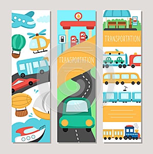 Cute transportation vertical cards set with bus, car, boat, truck. Vector road trip vertical print templates. Transport bookmark
