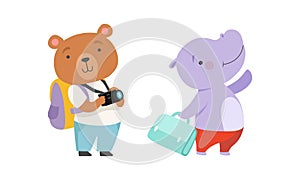 Cute Traveling Baby Animals Set, Amusing Bear and Hippo Characters Going on Trip Cartoon Vector Illustration