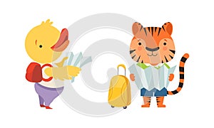 Cute Traveling Baby Animals Set, Amusing Duckling and Tiger Characters Going on Trip Cartoon Vector Illustration