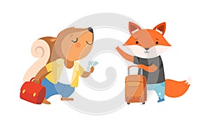 Cute Traveling Baby Animals Set, Amusing Fox and Squirrel Characters Going on Trip Cartoon Vector Illustration