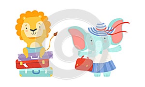 Cute Traveling Baby Animals Set, Amusing Lion and Elephant Characters Going on Trip with Luggage Cartoon Vector