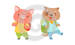 Cute Traveling Baby Animals Set, Amusing Pig and Dog Characters Going on Trip Cartoon Vector Illustration