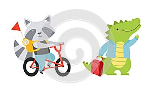 Cute Traveling Baby Animals Set, Amusing Raccoon and Crocodile Characters Going on Trip Cartoon Vector Illustration