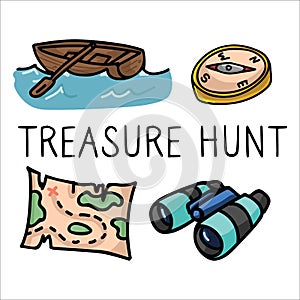 Cute treasure hunt cartoon vector illustration motif set. Hand drawn isolated vintage map and binoculars elements