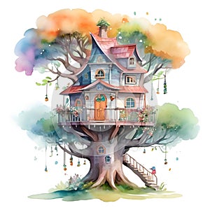 Cute tree house cartoon illustration, watercolor. The forest is the background..