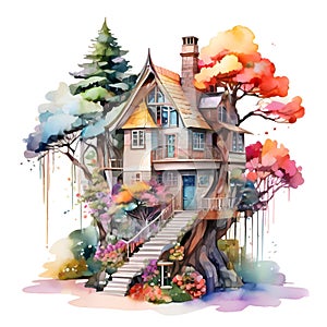 Cute tree house cartoon illustration, watercolor. The forest is the background.