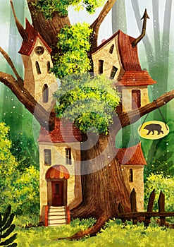 Cute tree house with grass, signboard and fence.