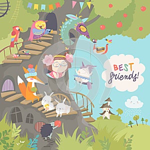 Cute treehouse with little girl and animals