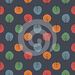 Cute trees seamless pattern. Dark nature background with bright leaves.