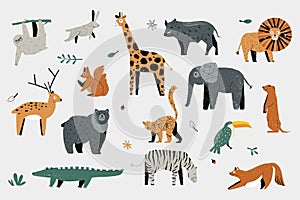 Cute trendy animals. Colorful hand drawn baby zoo wildlife, decorative cartoon giraffe lion elephant zebra hippo