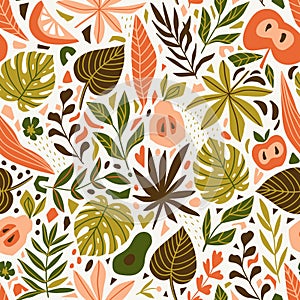Cute trendy design for fabric, wallpaper, wrap paper. Scandinavian style repeated background with leaves and tropical fruits. Vect