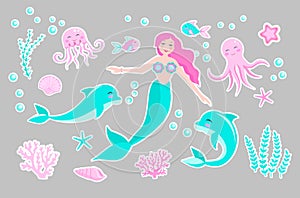 Cute trendy set of stickers emoji, patches badges. mermaid princess and dolphin, octopus, fish, jellyfish, coral. underwater world