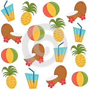 Cute trendy summertime seamless vector pattern background illustration with tropical cocktail, pineapples, coconuts and hibiscus f