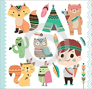 Cute tribal animals and little boy