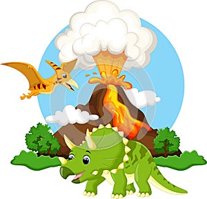 Cute tricaratops and pterodactyl cartoon with volcano background