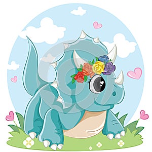 Cute triceratops dinosaur isolated on white background. Little dino for t-shirt, kids apparel, poster, nursery or etc. Vector