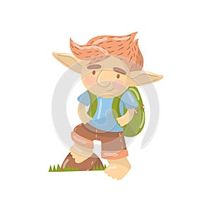 Cute troll boy character, funny creature standing with backpack cartoon vector Illustration