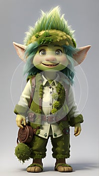 Cute Troll Character in green suit, cartoon 3D toy. Generative AI