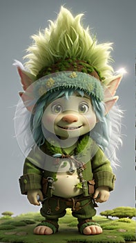 Cute Troll Character in green suit, cartoon 3D toy. Generative AI