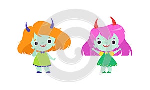 Cute Troll Characters with Different Hair Color Set, Funny Lovely Girs Fantasy Fairytale Creatures Cartoon Vector