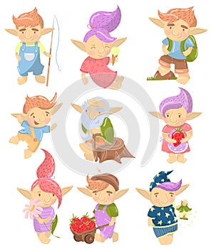 Cute troll characters set, funny creatures with colored hair in different situations cartoon vector Illustrations