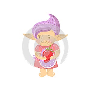 Cute troll girl character holding strawberry, funny creature with violet hair cartoon vector Illustration