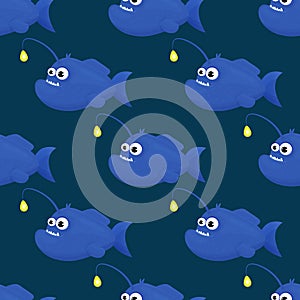 Cute tropical fish on dark background. Brightly-coloured ocean fish. Underwater marine wild life. Seamless pattern. Vector