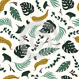 Cute tropical green leaves seamless pattern. Flat vector illustration