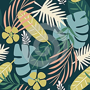 Cute Tropical Leaves & Flowers Seamless Pattern