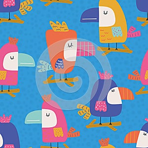 Cute tropical seamless pattern with different exotic birds toucan on blue background.