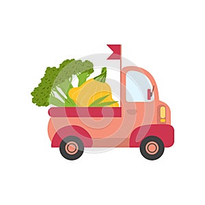 Cute Truck with Broccoli and Squash, Side View, Food Delivery, Shipping of Fresh Garden Vegetables Vector Illustration