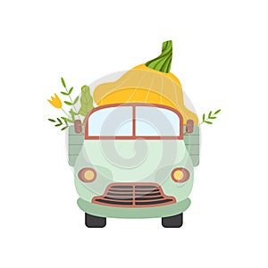 Cute Truck Delivering Giant Squash, Front View, Shipping of Fresh Garden Vegetables Vector Illustration