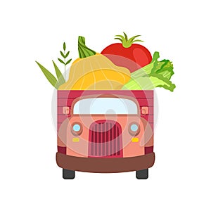 Cute Truck with Fresh Squash, Tomato and Chinese Cabbage, Front View, Food Delivery, Shipping of Garden Vegetables