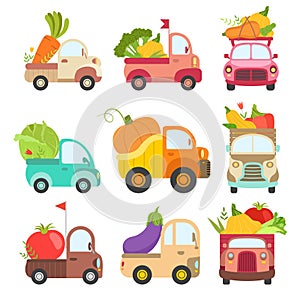 Cute Trucks with Giant Fresh Vegetables, Colorful Lorries Delivering Ripe Farm and Garden Agricultural Products Vector