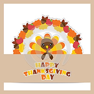 Cute turkey girl on maple leaves and apples wreath vector cartoon illustration for thanksgiving`s day card design