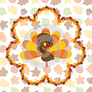 Cute turkey girl in maple leaves wreath cartoon illustration for thanksgiving`s day card design