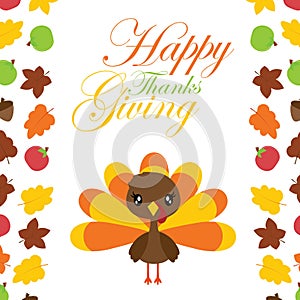 Cute turkey girl in the middle of maples leaves border vector cartoon illustration for thanksgiving`s day card design