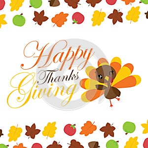 Cute turkey girl says happy thanksgiving cartoon illustration for thanksgiving`s day card design