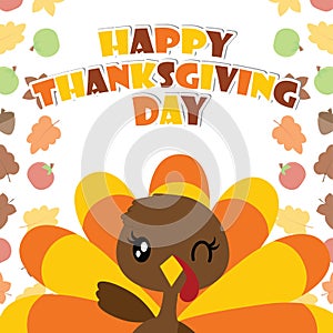 Cute turkey girl is winking cartoon illustration for thanksgiving`s day card design