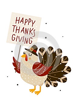 Cute turkey with Thanksgiving greeting card isolated on white